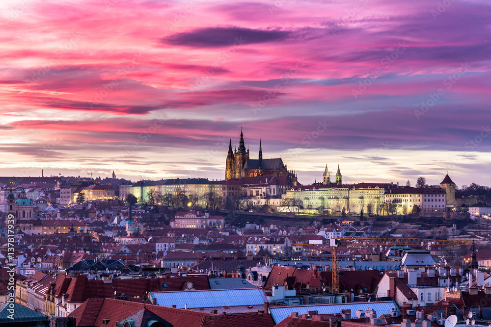 Naklejka premium Most mystical and mysterious city in Europe. Prague through the eyes of birds at sunset with fantastic sky