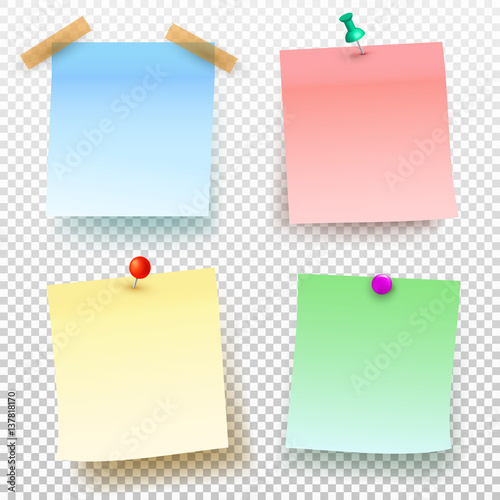 Set of colored sticky note and push pin isolated on transparent background. Vector illustration. Template for your projects.