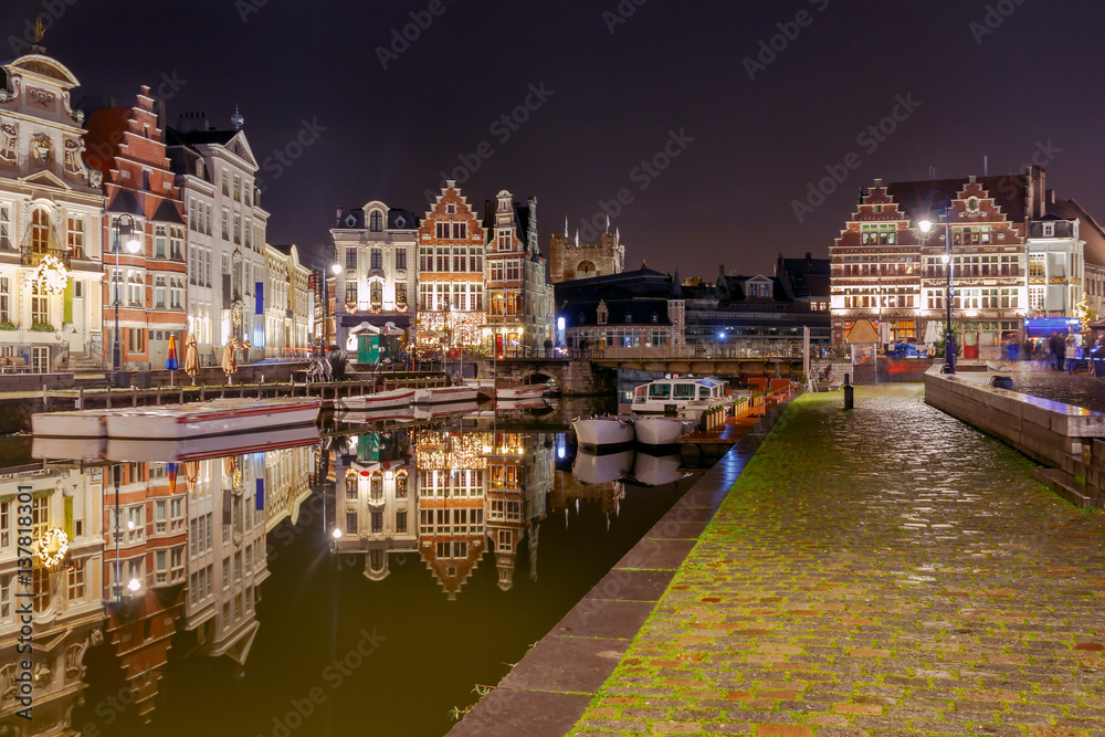 Gent. View of the old city at night.