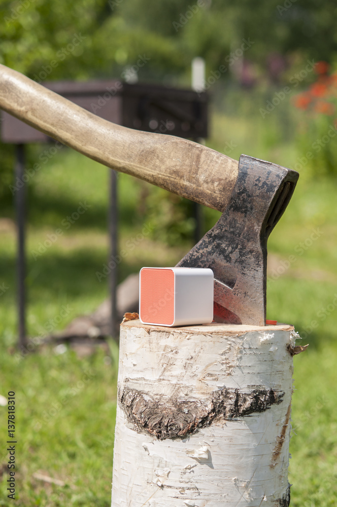 Red wireless bluetooth speaker on nature. Red wireless bluetooth speaker on nature.