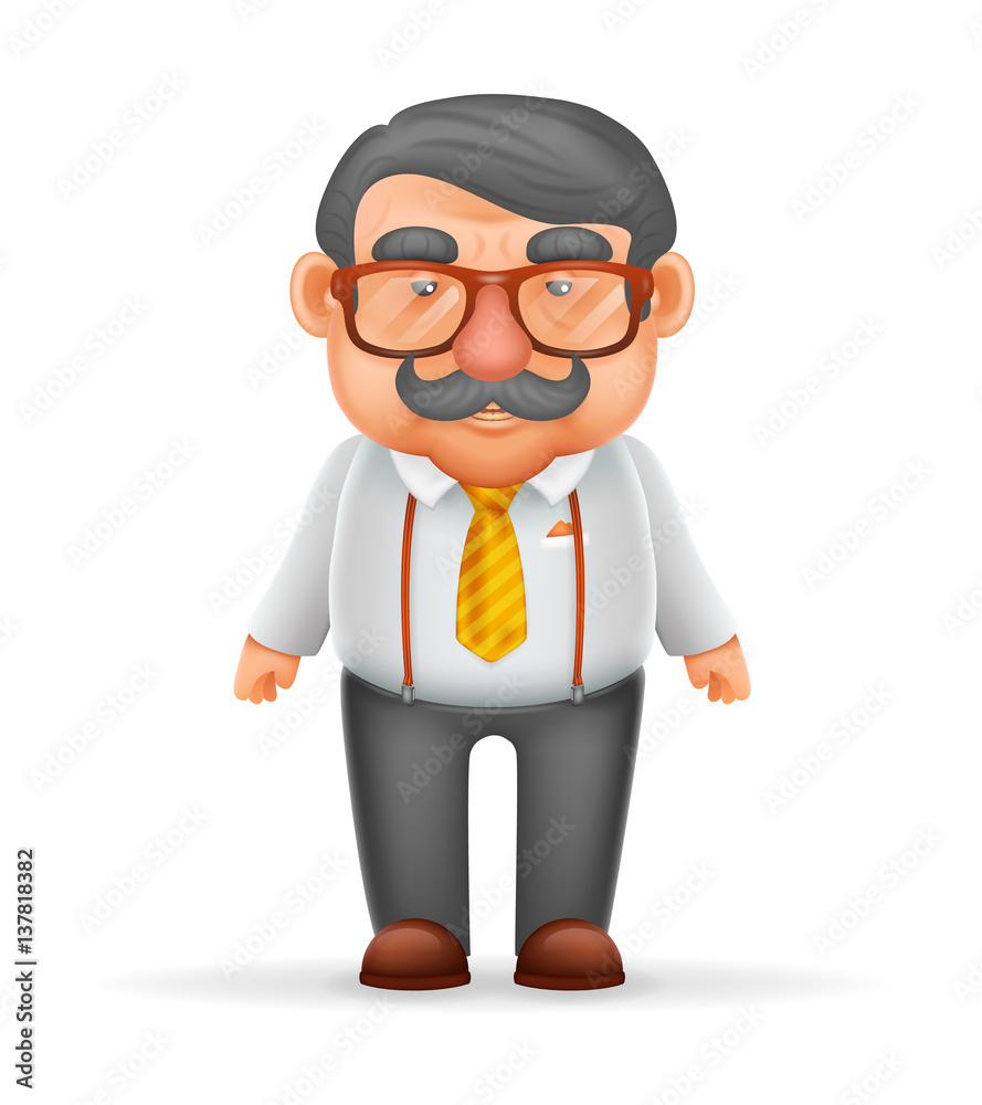 Businessman Adult Man Mustache Suspenders Eyeglasses Geek Hipster 3d Realistic Cartoon Character Design Isolated Vector Illustration