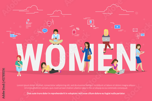 Women sitting with laptop and smart phone on big letters and learning, working or typing in networks. Flat illustration of female people work or relax using computer with social media symbols around