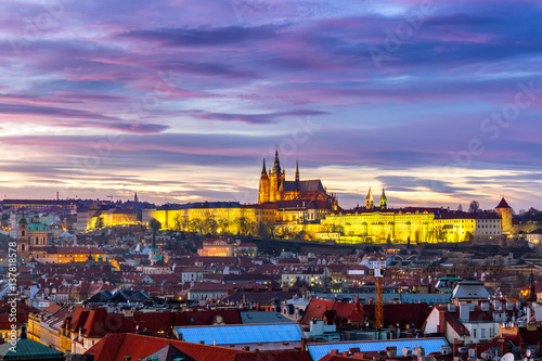 Most mystical and mysterious city in Europe. Prague through the eyes of birds at sunset with fantastic sky