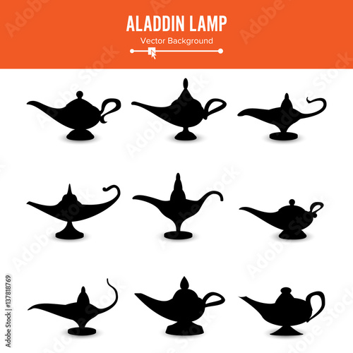 Aladdin lamp Vector. Set Icons Aladdins lamp Signs. Illustration Of Wish And Mystery Souvenir