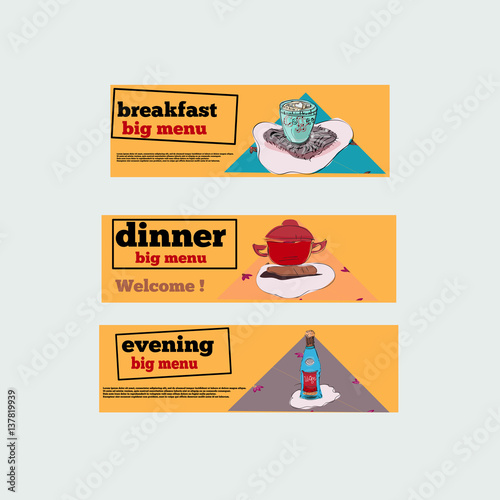 Food items for cafe in bright colors in horizontal banner set isolated vector illustration