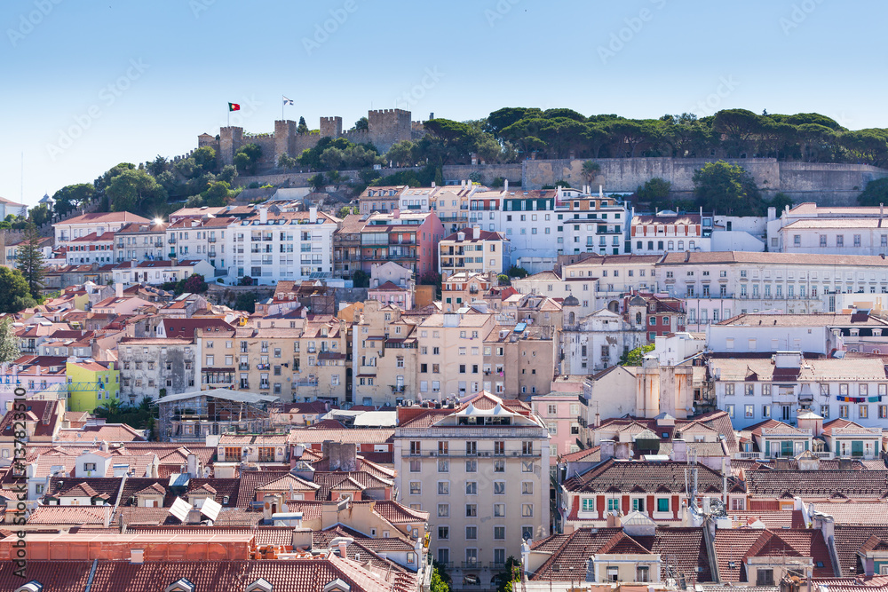 View of Alfama, the old neighborhood of Lisbon and and St. George's Castle, from the Santa Justa Lift