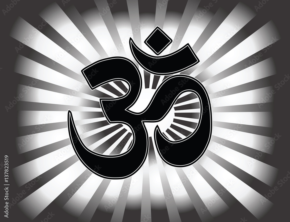 The most important symbol in Hinduism - Om. Gradient black and white  background, black and white sun rays, vector Stock Vector | Adobe Stock