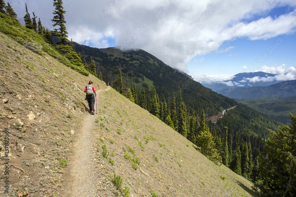 Female hiker with pole on mountain ridge path