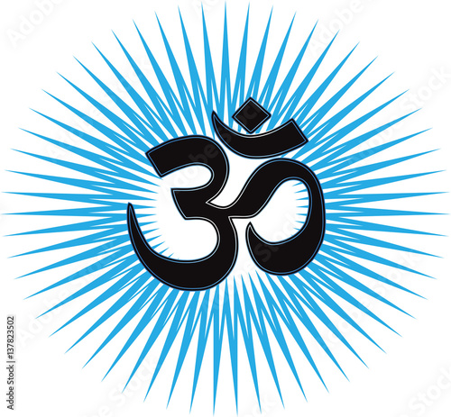The most important symbol in Hinduism – Om, transparent background, blue sun rays, vector