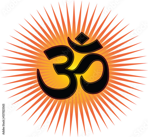 The most important symbol in Hinduism - Om, transparent background, red and gold sun rays, vector