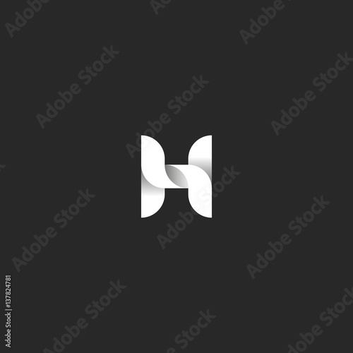 Letter H logo idea, monogram of the weave of smooth lines in the form of ribbons with shadows, black and white design element for typography, mockup for initial business card