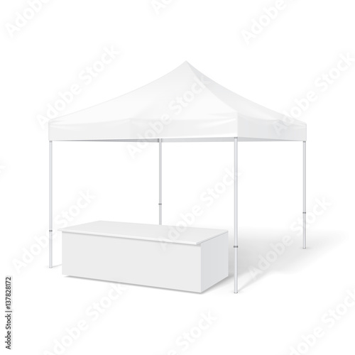 Promotional Outdoor Event Trade Show Pop-Up Tent Mobile Marquee. Mock Up, Template. Illustration Isolated On White Background. Ready For Your Design. Product Advertising. Vector EPS10