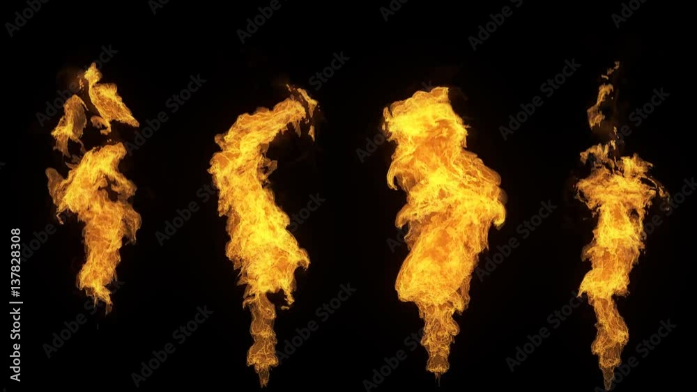 A set of 4 isolated fire flames, slow motion gas ignition from bottom to top, high speed flamethrower isolated on black background with alpha channel, perfect for digital composition, video mapping.