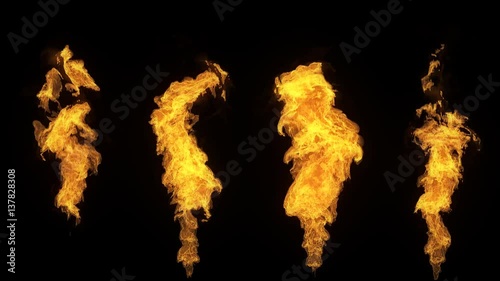 A set of 4 isolated fire flames, slow motion gas ignition from bottom to top, high speed flamethrower isolated on black background with alpha channel, perfect for digital composition, video mapping.