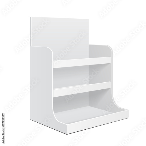 Display Cardboard Counter Shelf Holder Box POS POI Blank Empty. Packing Mockup, Mock Up, Template. On White Background Isolated. Ready For Your Design. Product Advertising. Vector EPS10