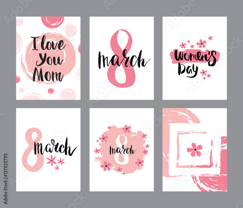Vector 8 march postcards collection, set of greeting cards design in pink colors with black lettering words