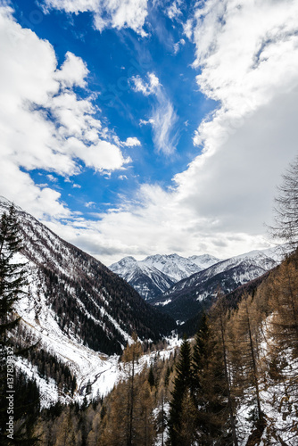 Mountain winter landscape. A valley and mountains covered with snow in Val di Rabbi / Rabbi Valley, Trentino alto adige. The sky is clear but with clouds