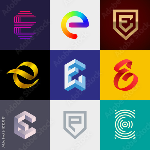 Letter "E" big logo pack. Creative vector monograms. Striped, ribbon, colorful, isometric, linear, 3d logos.Eps10 format.