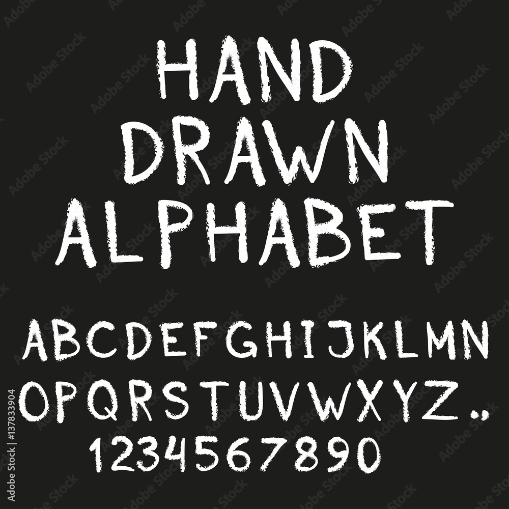 Alphabet. Hand drawn letters and numbers isolated on black background. Vector illustration. Alphabet. Hand drawn letters and numbers isolated on black background. Vector illustration.