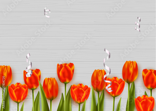 Tulips isolated on wood background. Vector illustration.