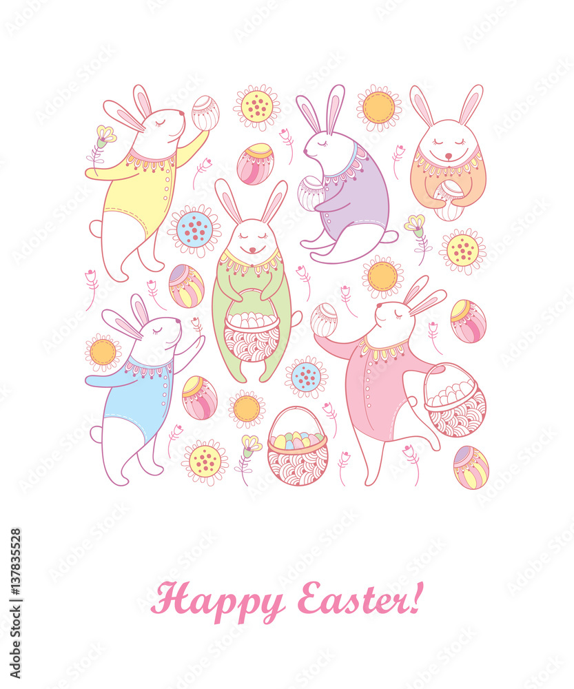 Vector Happy Easter greeting card with outline Easter rabbits, egg and basket in pastel colors isolated on white background. Holiday design with cartoon elements, bunny and eggs in contour style. Vector Happy Easter greeting card with outline Easter rabbits, egg and basket in pastel colors isolated on white background. Holiday design with cartoon elements, bunny and eggs in contour style.