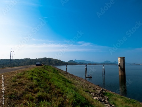 Beautiful Lake Landscape with by road Maintenance Watch Tower bridge in Senanayake Samudraya Galoya National Park Inginiyagala  Ampara  Sri Lanka