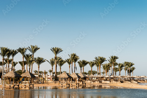 Beautiful  beach with palm trees at sunset, Sharm El Sheikh,  Red sea, Egypt