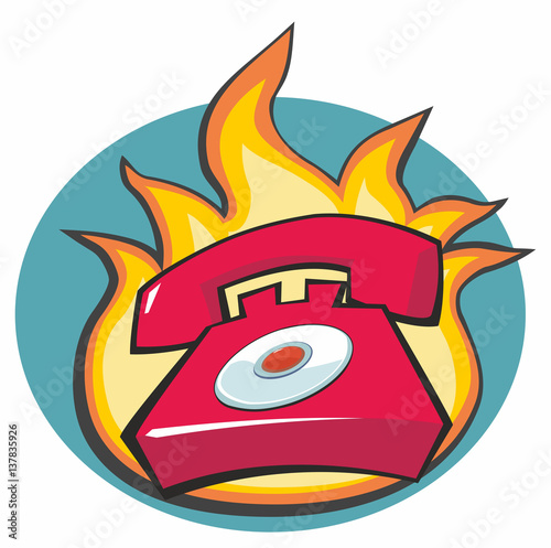 Hotline Phone in Red with Flames Behind -cartoon
