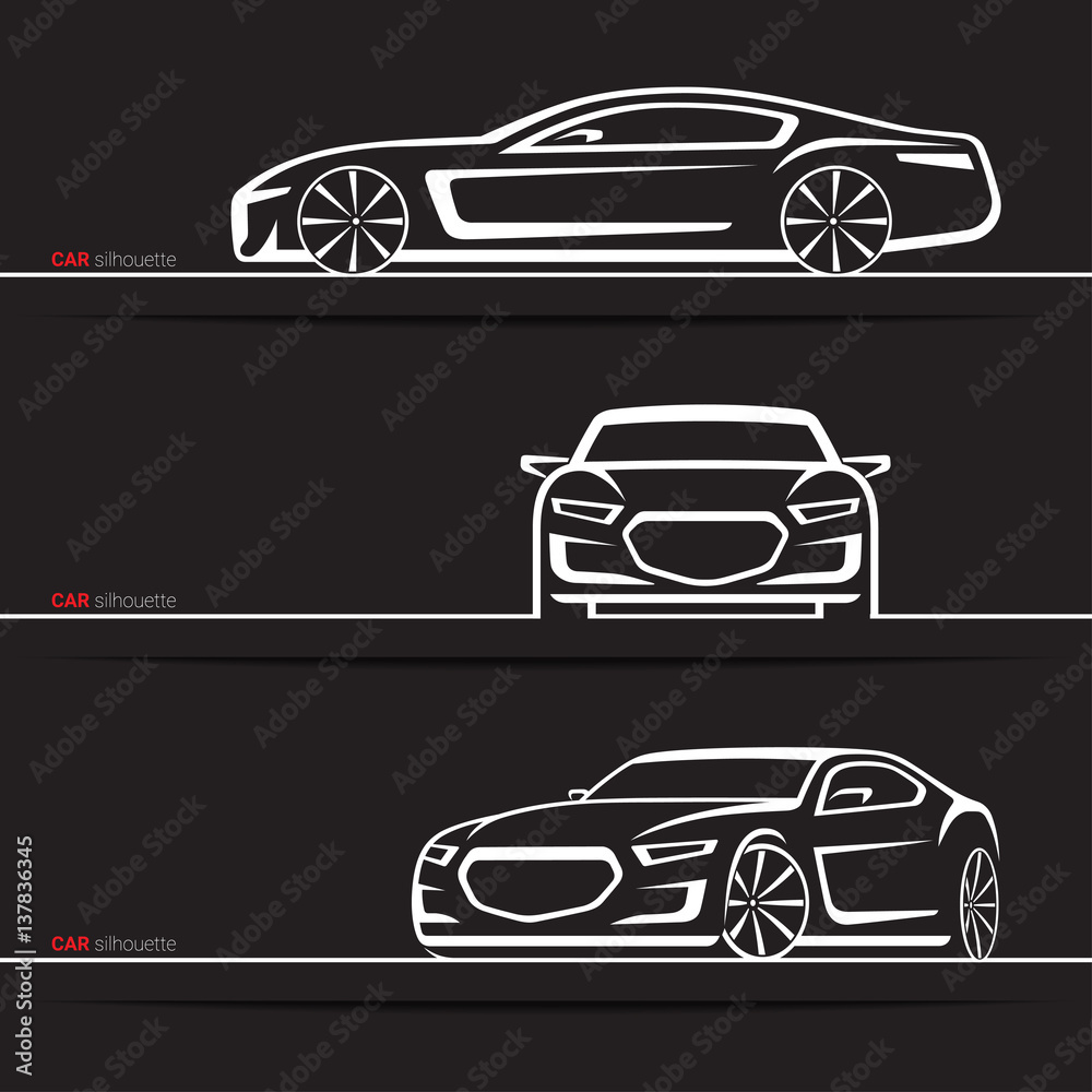 Vector car silhouettes set. Modern luxury sedan. Front, three quarter and side views. Abstract hand-drawn vehicle isolated on black background