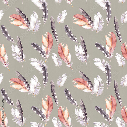 Retro feathers art. Vintage watercolor seamless pattern.