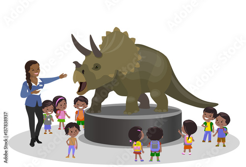 Students kids children in the paleontological museum education centr trip looking at dinosaur Triceratops. Teacher indian african american black brown skin woman girl. Vector illustration