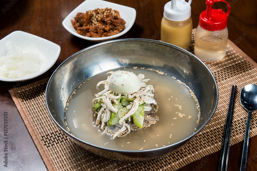 Chogye guksu. cold chicken noodles. It's a asia style cuisine. Chogye guksu. cold chicken noodles. It's a asia style cuisine.