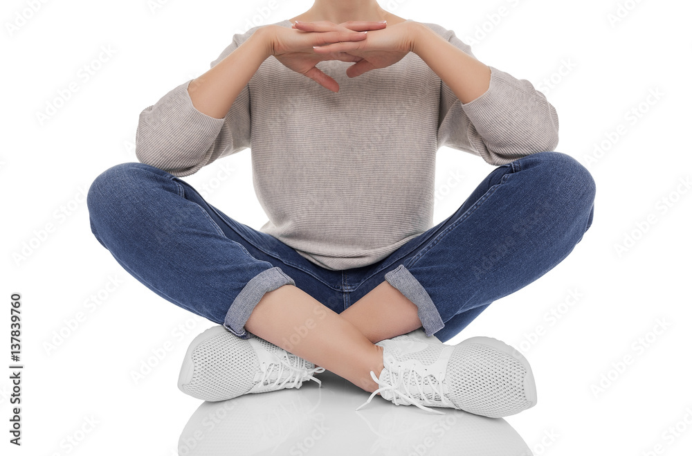Female feet in sneakers. Female feet in sneakers.