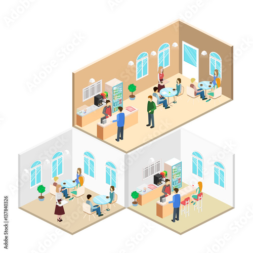 Isometric interior of coffee shop. flat 3D isometric design interior cafe or restaurant. People sit at tables and eat. © reenya