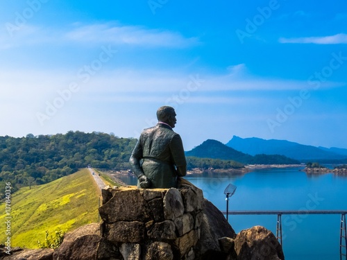 D S Senanayake commemoration Statue facing largest man made tank lake Senanayake Samudraya Inginiyagala Lake in Ampara, Sri Lanka.
