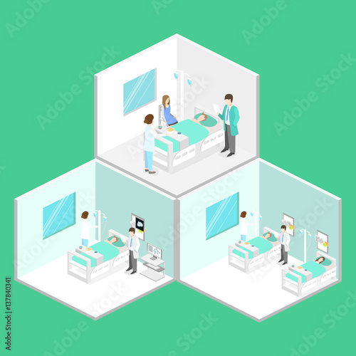 Isometric flat interior of hospital room. Doctors treating the patient. Flat 3D illustration