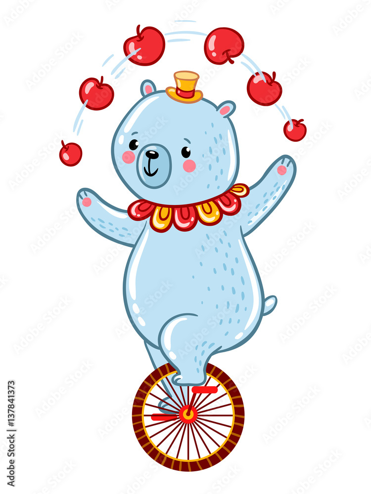 Bear juggles apples illustration. Bear juggles apples, riding one wheel bike in the Amazing Circus Show. Vector illustration. Bear juggles apples illustration. Bear juggles apples, riding one wheel bike in the Amazing Circus Show. Vector illustration.