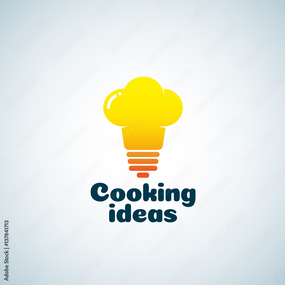 Cooking Ideas Abstract Vector Sign, Emblem or Logo Template. Light bulb and Chef Hat Mixture Silhouette. Creative Concept. Cooking Ideas Abstract Vector Sign, Emblem or Logo Template. Light bulb and Chef Hat Mixture Silhouette. Creative Concept.