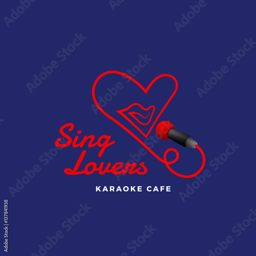 Sing Lovers Karaoke Abstract Vector Sign, Emblem or Logo Template. Singing Mouth in the Microphone in a Heart Shape. Creative Concept.