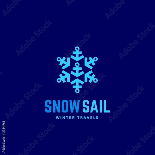 Snow Sail Winter Travels Abstract Vector Sign, Emblem or Logo Template. Snowflake Symbol made of Anchors. Creative Identity Concept.