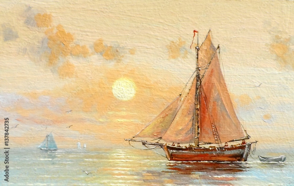 Sea, boats, fisherman, oil paintings