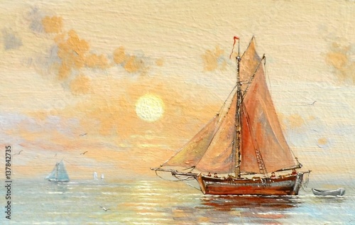 Fototapeta Naklejka Na Ścianę i Meble -  Sea, boats, fisherman, oil paintings
