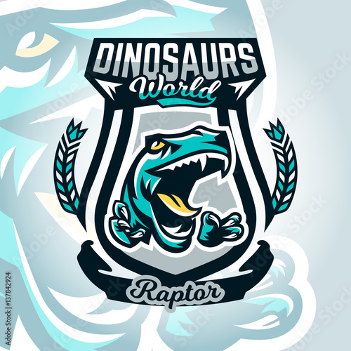 Colourful emblem, logo, dangerous raptor ready to attack, sharp claws, dinosaur of the Jurassic period. Vector illustration, sporty and dynamic style, printing on T-shirts