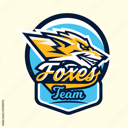 Colourful emblem, logo, sticker, face aggressive fox ready to attack, the predator. Vector illustration, dynamic and sport style, printing on T-shirts.