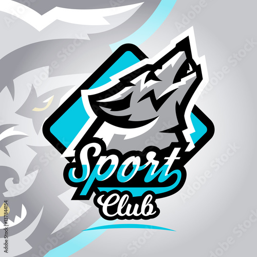Colorful logo, emblem, a wolf howling at the moon, a dangerous predator of the forest. Vector illustration, dynamic and sport style, printing on T-shirts