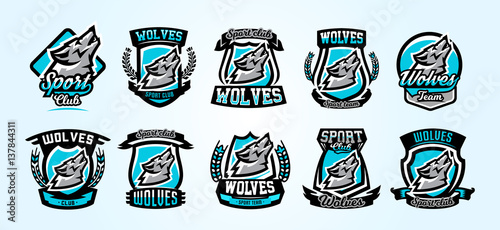 A collection of colorful logos, emblems, wolf howling at the moon, an aggressive predator of the forest. Vector illustration, vibrant and sporty style, printing on T-shirts