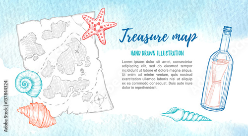 Hand drawn vector illustration - treasure map with sea shells, starfish and bottle. Design elements in sketch style. Perfect for invitations, greeting cards, posters, prints, banners, flyers.The ocean
