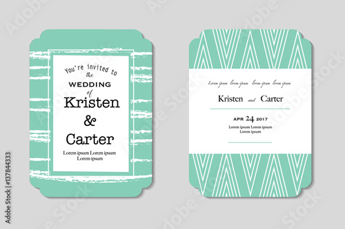 Beautiful wedding invitation. Green greeting card with black printed text