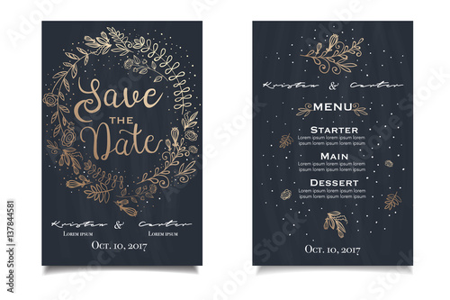 Hand drawn wedding invitatoin card with tender illustration on dark