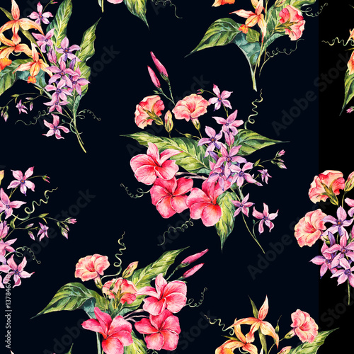 Watercolor floral tropical seamless pattern. 